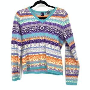 VTG GAP Lambswool Sweater V-Neck Womens Sz XS Fair Isle Print Blue Purple Orange